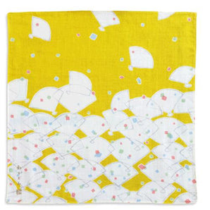 ミニガーゼハンカチ | ミニ扇柄 | 菜の花色 / 紺 / 萌黄色 / つつじ色 | 二重ガーゼ 綿100% | 京都 都もだん