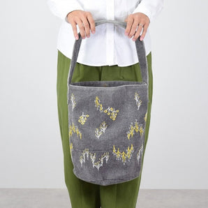 Forest Bucket Bag | Cotton Canvas Leather Strap | Embroidery Stitch Gray | salvia