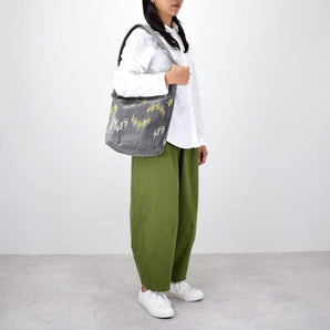 Forest Bucket Bag | Cotton Canvas Leather Strap | Embroidery Stitch Gray | salvia