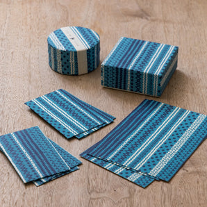 KASURI SHIMA pattern 4-piece set | Pochi bag, postcard, small box, can with tea (sanpine tea) | Okinawa Shimanone