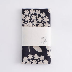 Cotton linen tenugui hand towel, round small flowers, sumi ink